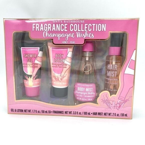Onyx Bathhouse Champagne Wishes Honey Pear Gift Set - Gel, Lotion, Body and Hair - Picture 1 of 8